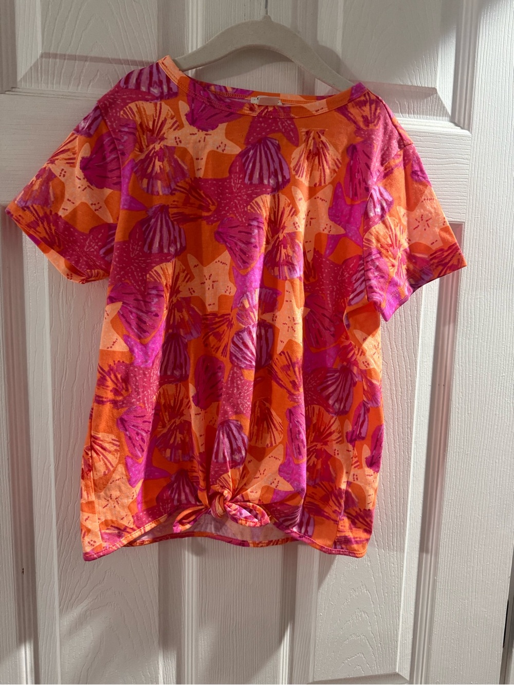 Girl’s Crew Cuts Short Sleeve Tie-Hem Top in Bright Orange and Fuchsia